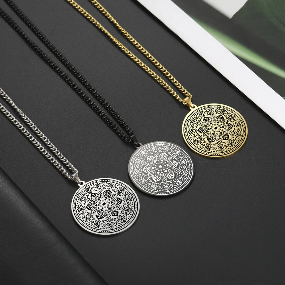 Lotus Chakra Mandala Pendant Necklace, Stainless Steel Buddhist Hindu Meditation Amulet