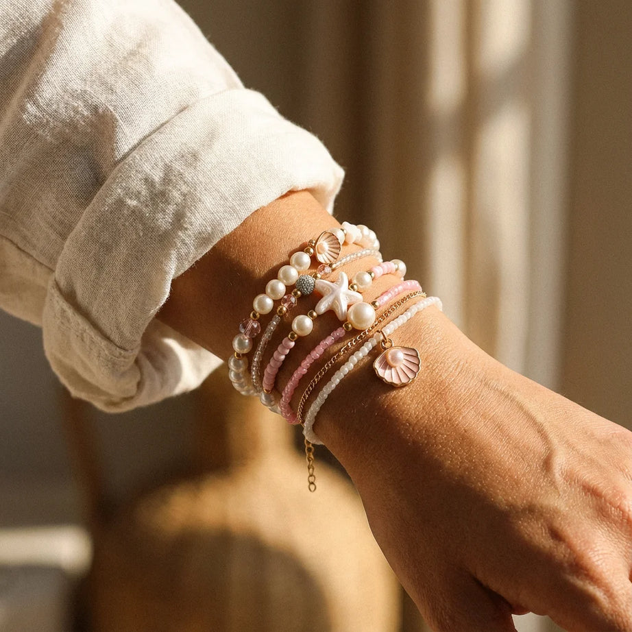 Pink Pearl and Shell Stackable Bracelet Set (5 Pieces)