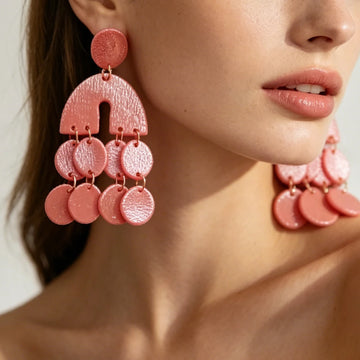 Boho Chic Metalic Textured Polymer Clay Statement Earrings Large Geometric Arch Drop with Round Fringe Aesthetic Jewelry Summer
