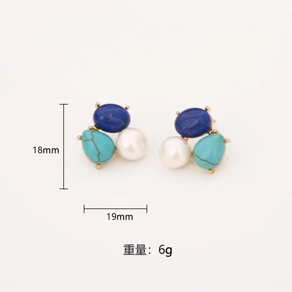 Natural Lapis Lazuli Geometric Pearl French Elegant Temperament High-end Silver Needle Earrings for Women Jewelry.