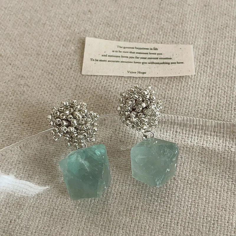 Minar Handmade Irregular Green Natural Stone Metal Beads Strand Hanging Dangle Earrings for Women Mujer Party Holiday Jewelry