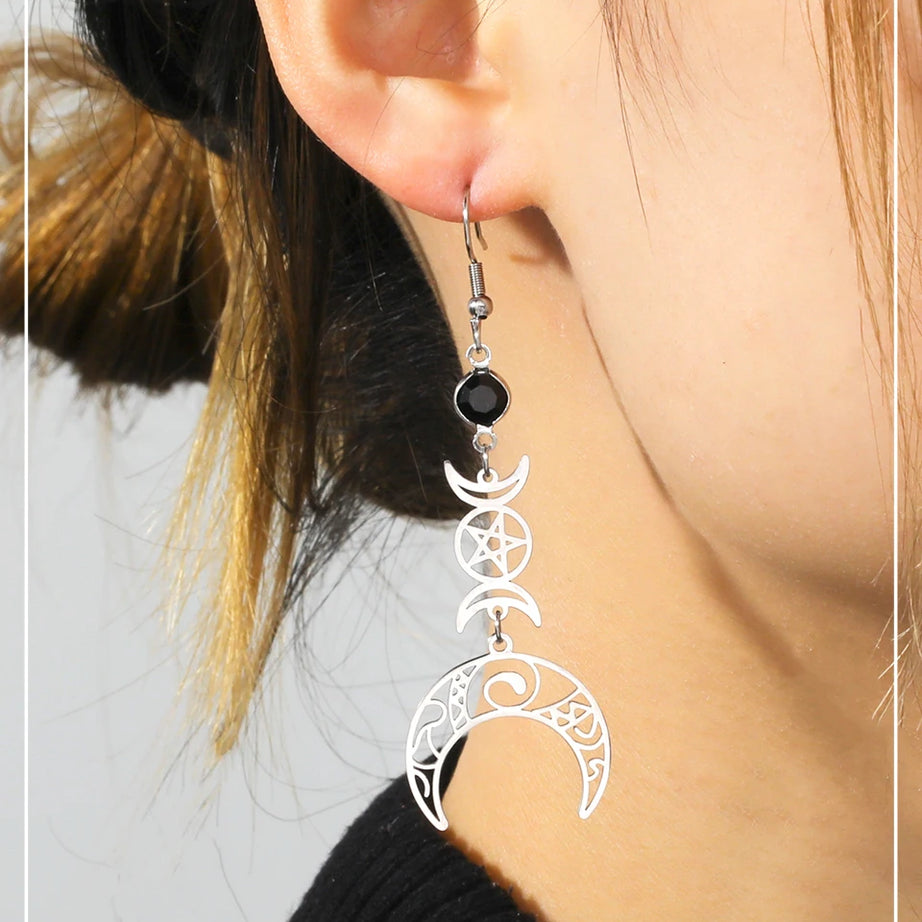 Triple Moon, Rune & Pentagram Hoop Earrings, Stainless Steel Witchy Amulet