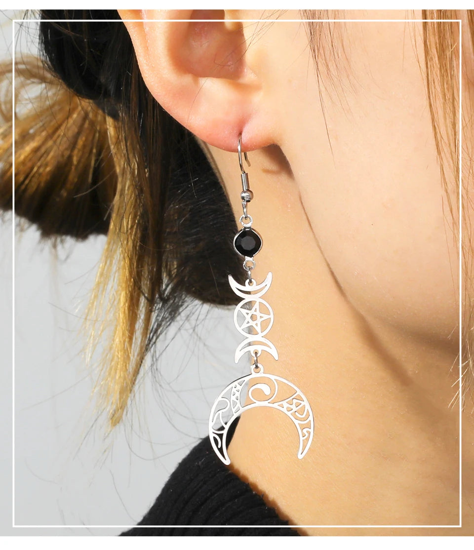 Unift Goth Stainless Steel Earring Triple Rune Moon Phase Pentagram Earrings Woman Men Vintage Jewelry Ear Piercing Witch Knot