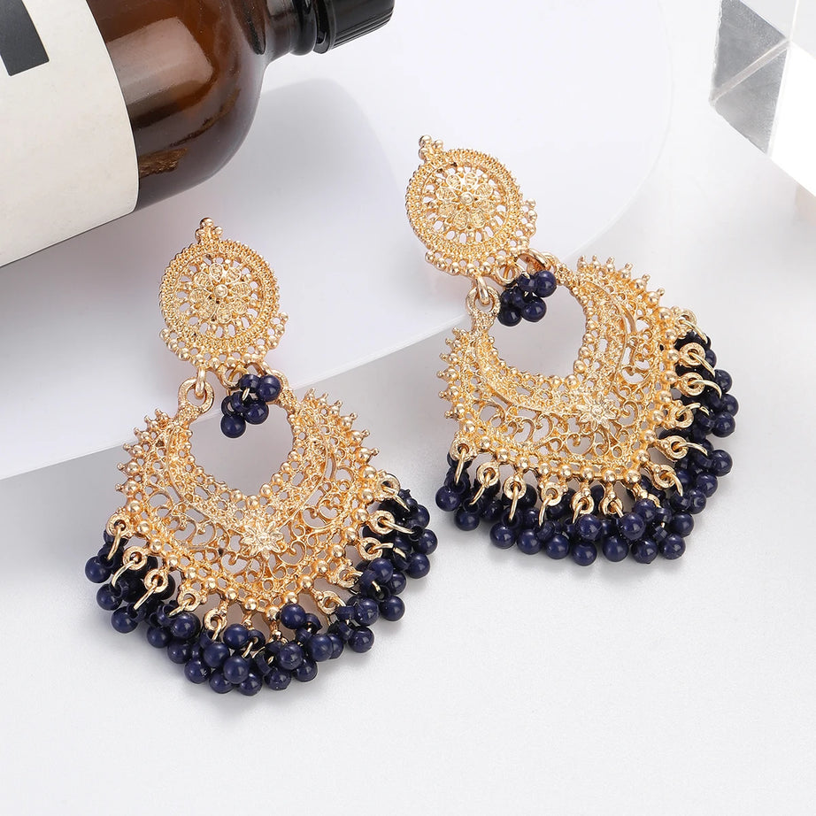 Gold Carved Heart Pink Bead Jhumka Earrings Jewelry