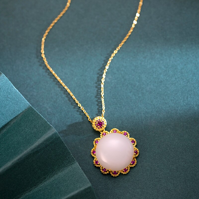 HOYON 18K Gold Color Necklace for Women Jade Chalcedony Gems Sunflower Pendant Inlaid Zircon Pendant Clavicle Chain Neck Collar - Charlie Dolly