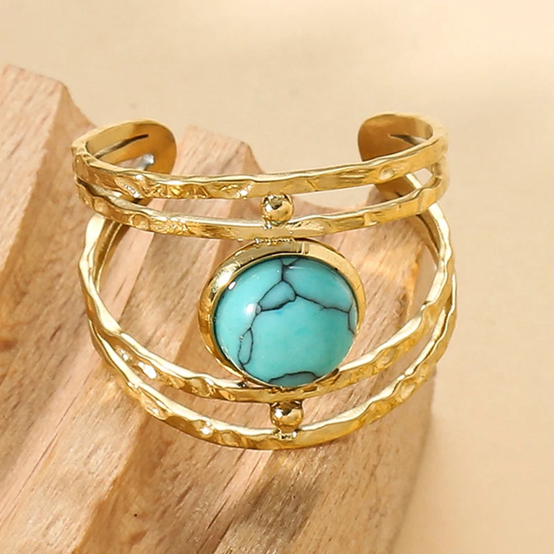 Boho Opal Turquoise Natural Stone Finger Rings Hollow Multi-Layer Jewelry Rings for Women Stainless Steel Ring Women Party Gifts