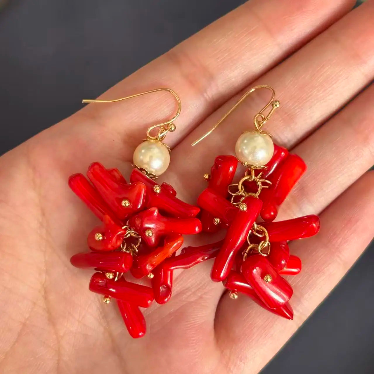Handmade Coral Red Drop Earrings with Freshwater Pearl Lapis Lazuli Stone Women Jewelry