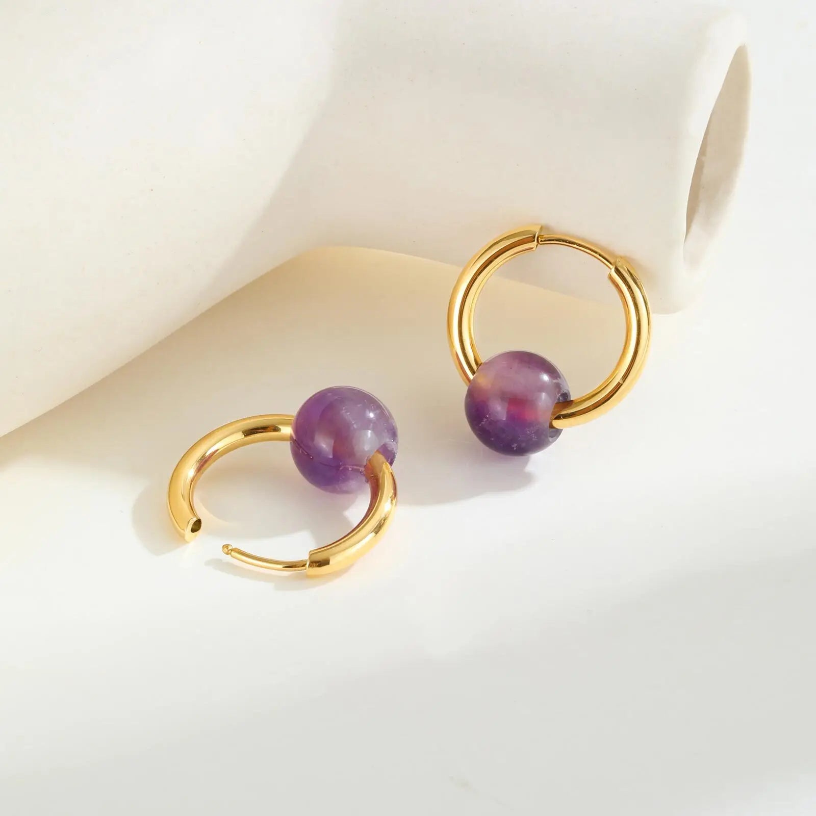 Natural Stone Amethyst Round Beaded Hoop Earrings for Women, Stainless Steel Gold Plated Waterproof Jewelry