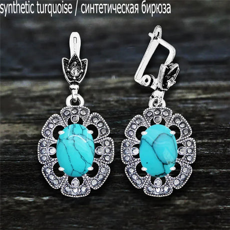 Vintage Plumflower Natural Jades Quartz Earrings For Women Antique Silver Plated Lapis Lazuli Tiger Eye Stone Fashion Earring - Charlie Dolly