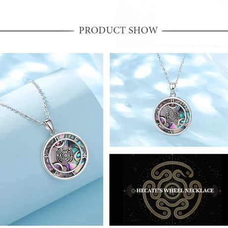 S925 Sterling Silver Hecate Wheel Pendant Necklace, Abalone Triple Moon Goddess Wiccan Amulet