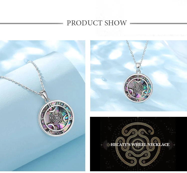 Eudora 925 Sterling Silver Hecate Wheel Necklace Abalone Triple Moon Goddess Amulet Pendant Wiccan Pagan Jewelry for Women Men