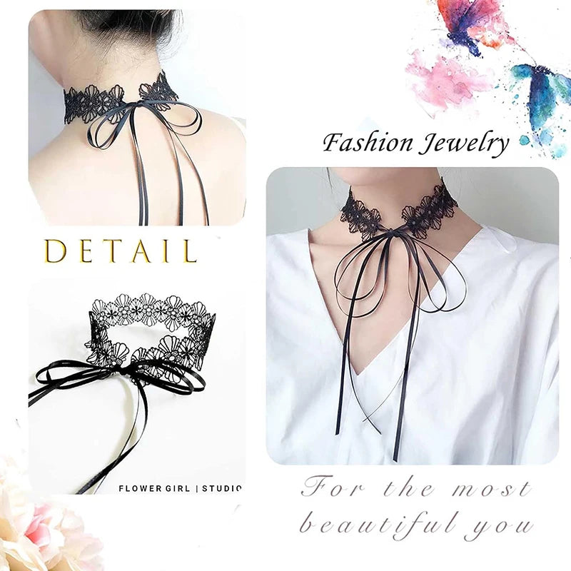 Black Lace Choker For Women Girls Gothic Bowknot Choker With Long Ribbon Lolita Clavicle Chain Necklace Halloween Jewelry Gift - Charlie Dolly
