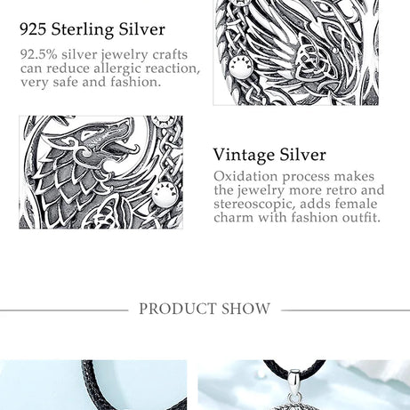 S925 Sterling Silver Viking Raven Wolf Pendant Necklace, Celtic Knot Tree of Life Compass Amulet
