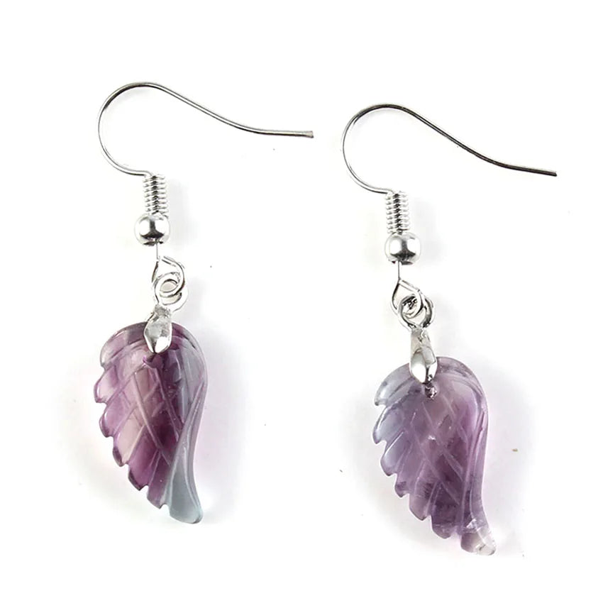 KFT Natural Carved Angel Wings Crystal Quartz Earring Lapis Lazuli Agate Dangle Hook Drop Stone Women Girls Earrings Jewelry