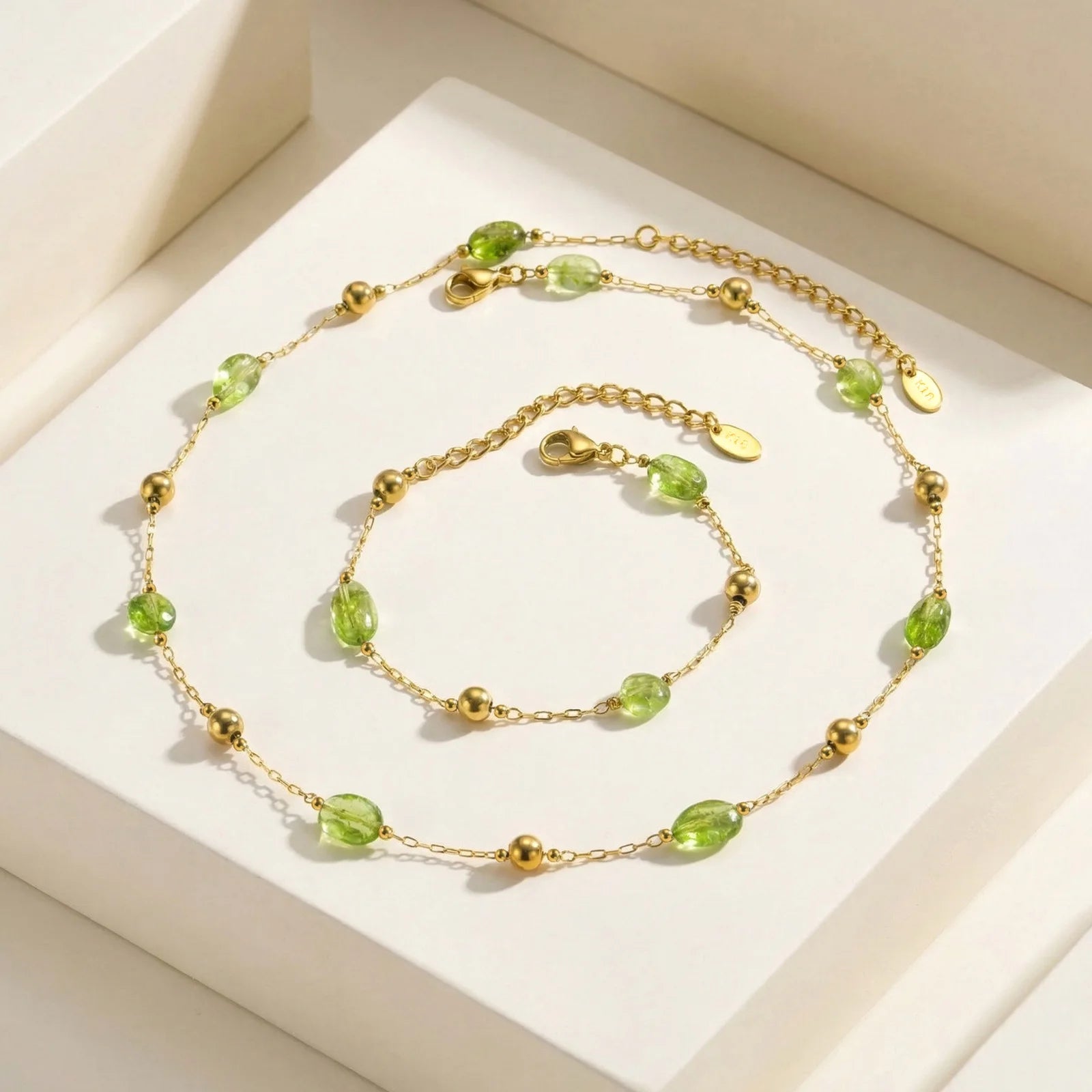 Vnox Stainless Steel Natural Green Stones Spacer Bead Thin Chain Bracelet Summer Boho Seaside Vacation Choker Bracelet Jewelry