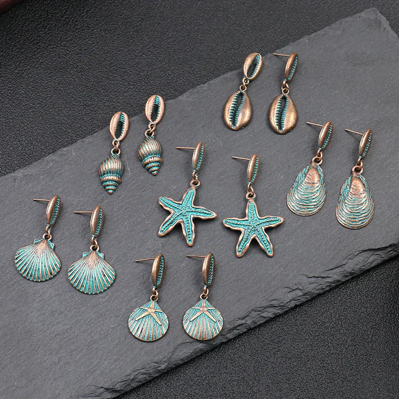 Vintage Earrings Starfish Shell Dangle Drop Earrings For Women Boho Statement Jewelry Anti-Copper Brass Alloy Earrings Brincos