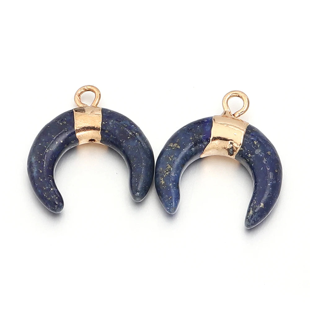 2pcs/lot Moon Shaped Natural Gem Stone Pendant Black Agate Lapis Lazuli Amethyst Charms For Jewelry Making DIY Necklace Earrings