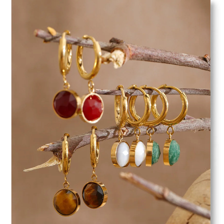 Natural Stone Round Drop Earrings, Tiger Eye Red Agate Stainless Steel Jewelry