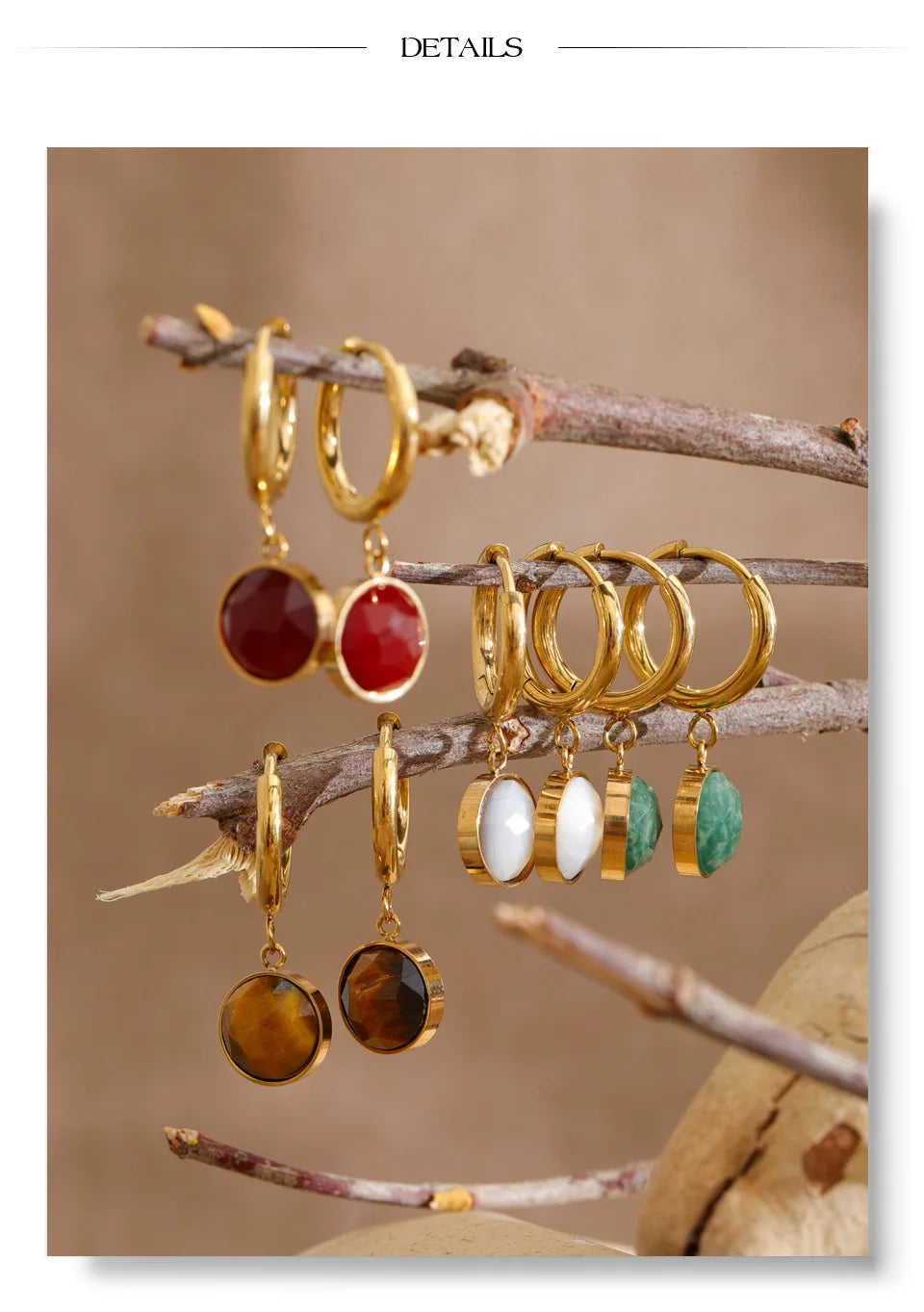 Yhpup Stainless Steel Tiger Natural Stone Red Agate Round Drop Charm Earrings France High Quality Classic Chic Fashion Jewelry