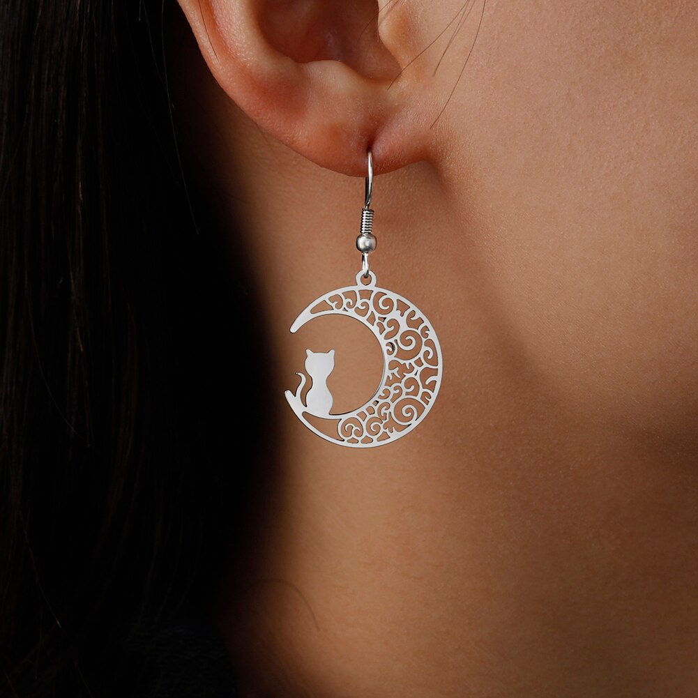 Lucktune Crescent Moon Cat Drop Earrings Stainless Steel Cute Kitten Animal Earrings for Women 2023 Goth Jewelry Birthday Gift - Charlie Dolly
