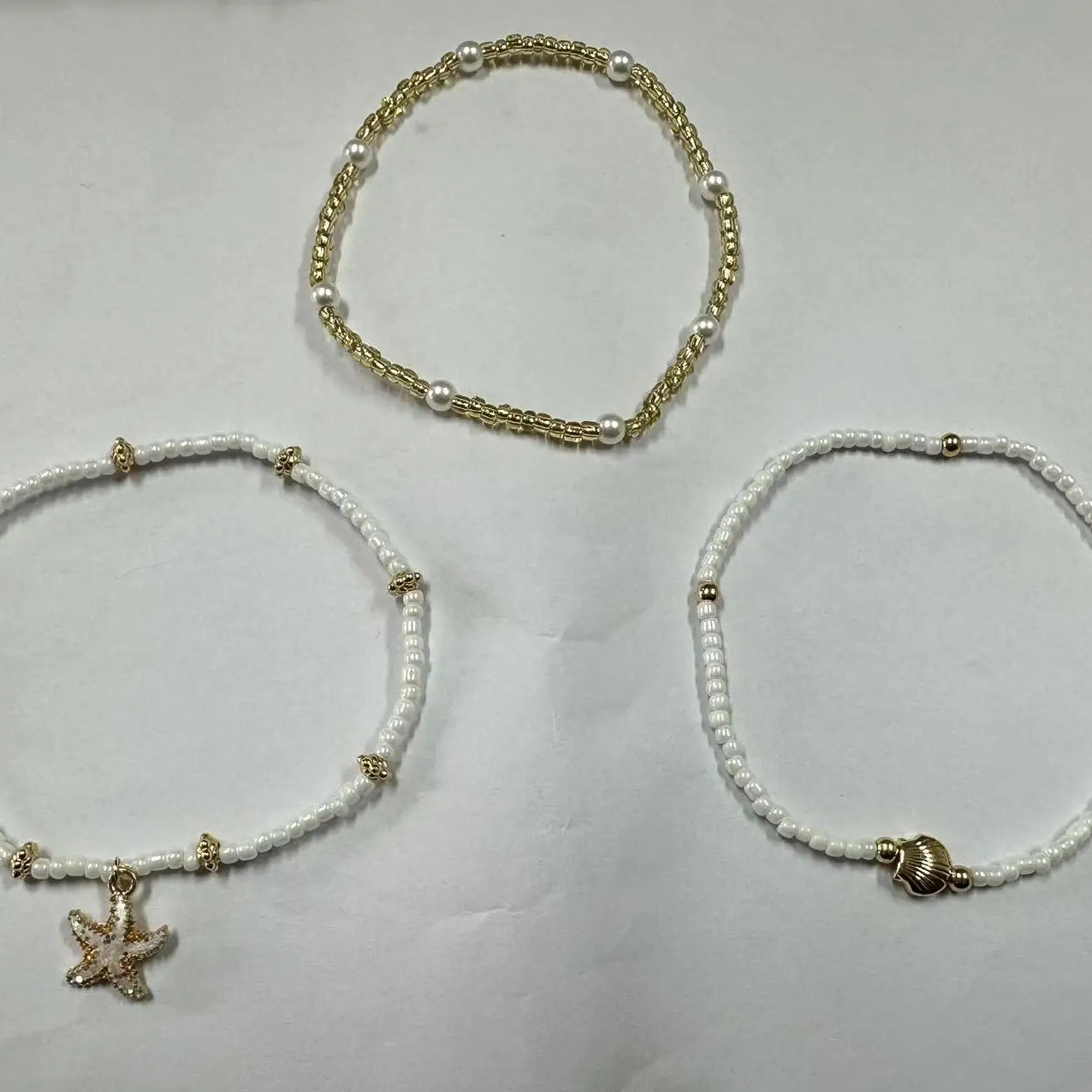 Starfish, Shell and Millet Bead Triple Layer Anklet Set