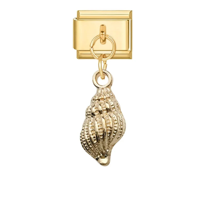 Vintage Golden Sea Shell Conch Starfish Dolphin Turtles Pendant Bead Fit 9mm Italian Charm Bracelet Stainless Steel DIY Making