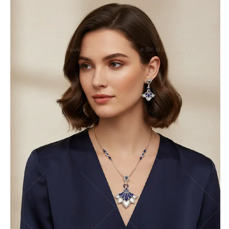 Designer Collection Stud Earrings Necklace Women Lady Inlay Cubic Zircon Mother Of Pearl Lapis Lazuli Dinner Party Jewelry Set - Charlie Dolly