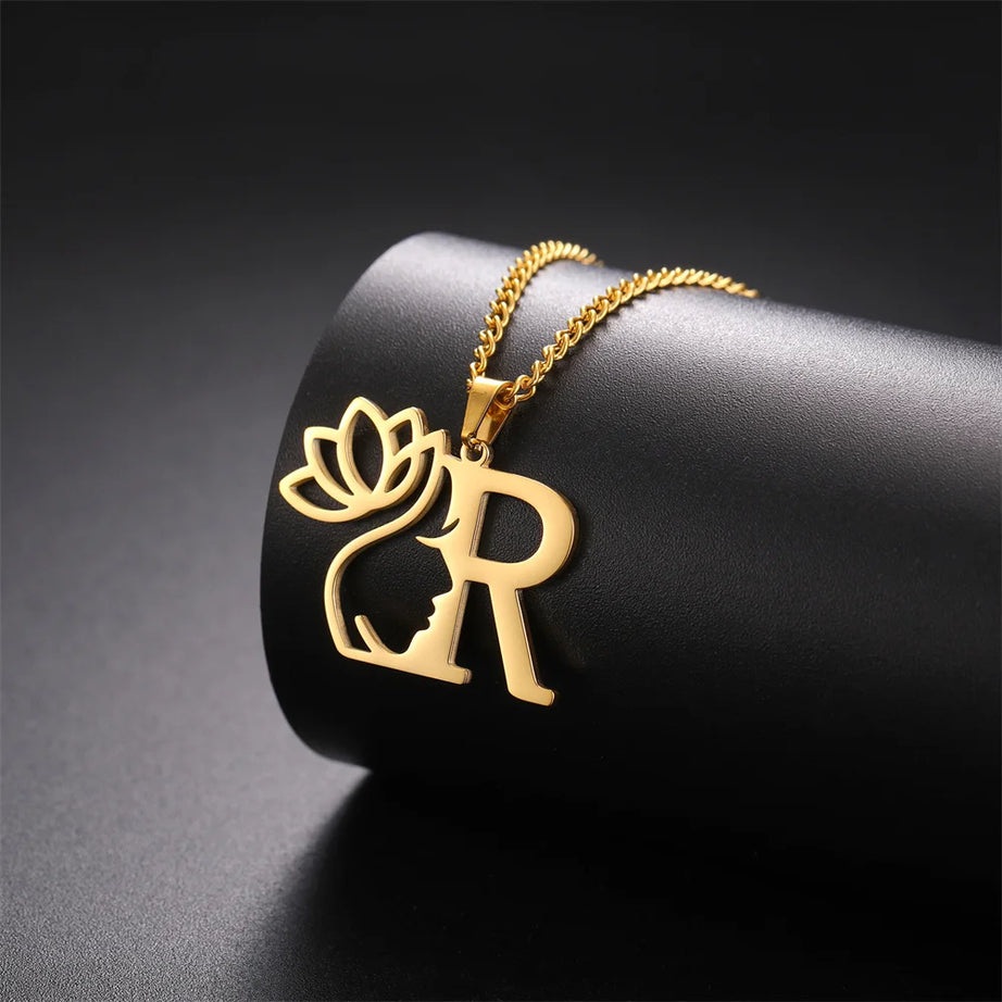 Lotus Flower Initial Letter Pendant, Personalized Stainless Steel Necklace