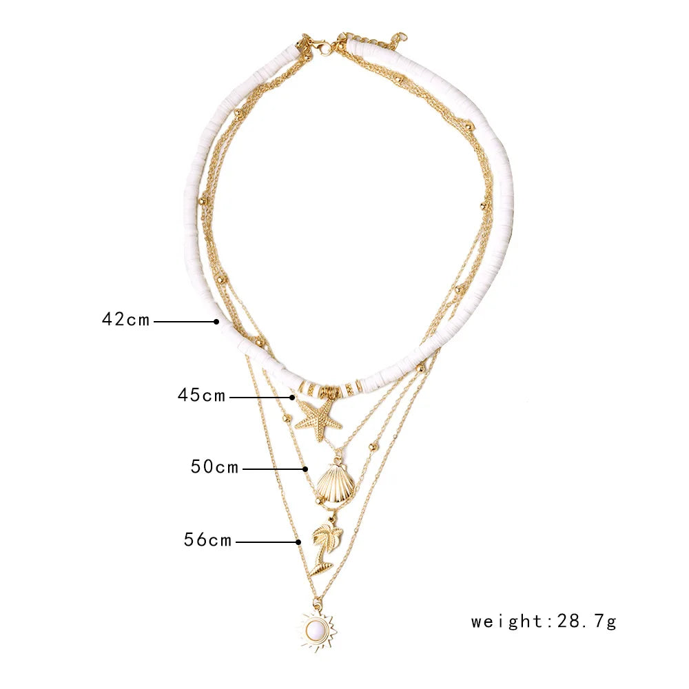 Fashion Boho Summer Beach Jewelry Necklace for Women Soft Pottery Starfish Shell Pendant Vintage Sun Multi Layer Ckokers Gifts