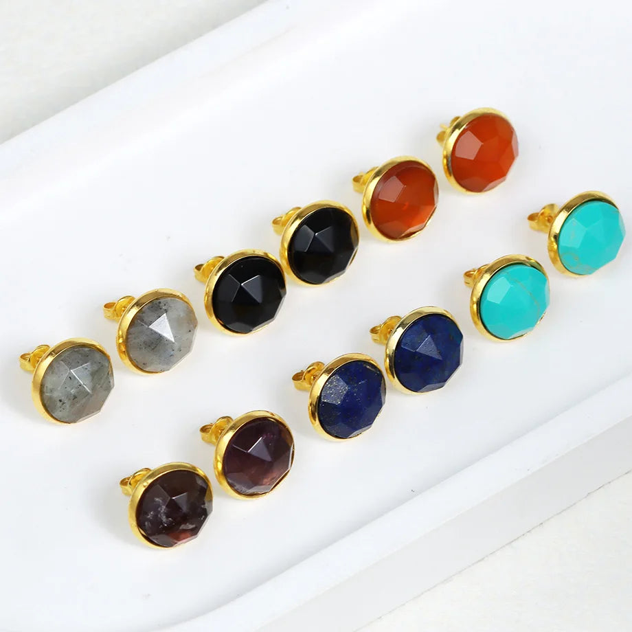CSJA Gold Color Round Stud Earrings Natural Gem Precious Stone Green Black Obsidian Lapis Lazuli Amethysts Crystal Jewelry E597