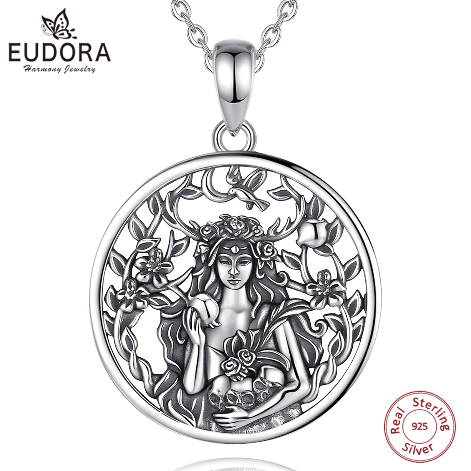 Eudora 925 Sterling Silver Dark Goddess Persephone Necklace Pomegranate Skull Pendant Greek Mythology Pagan Jewelry Gift Unisex
