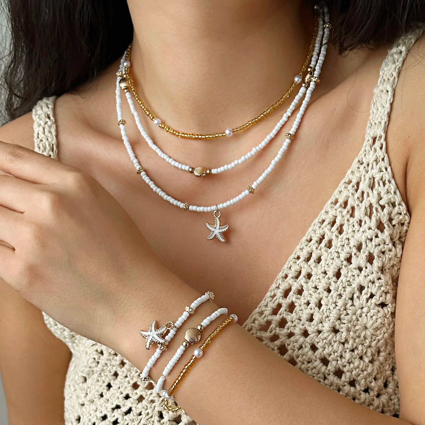 Ocean Layered Starfish and Shell Beaded Necklace Set