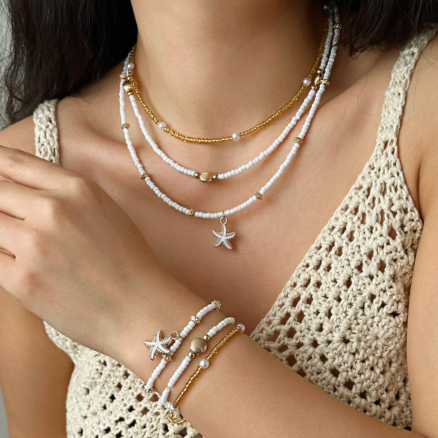 Ocean Inspired Layered Beaded Necklace Set for Women Starfish Shell Pearl Style Boho Beach Jewelry Summer Vacation Accessory