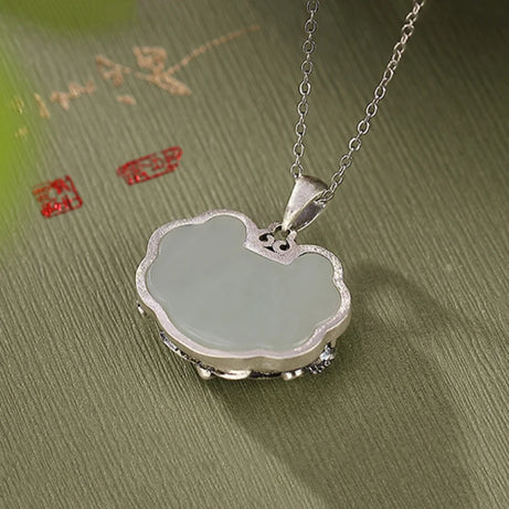 925 Silver Hotan Jade Lotus & Fish Ruyi Pendant, Boho Blessing Necklace