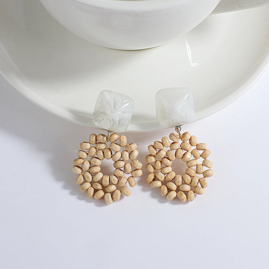 Wooden Rattan Braid Geometric Drop Earrings Jewelry