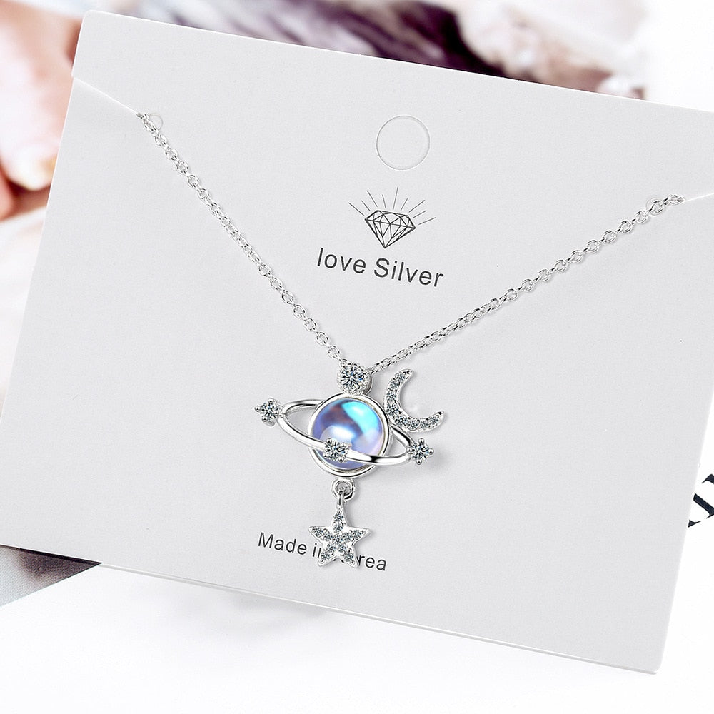 925 Sterling Silver Women Chain On The Neck Collarbone Necklace For Women Universe Star Moon Crystal Pendant Chain Jewelry - Charlie Dolly