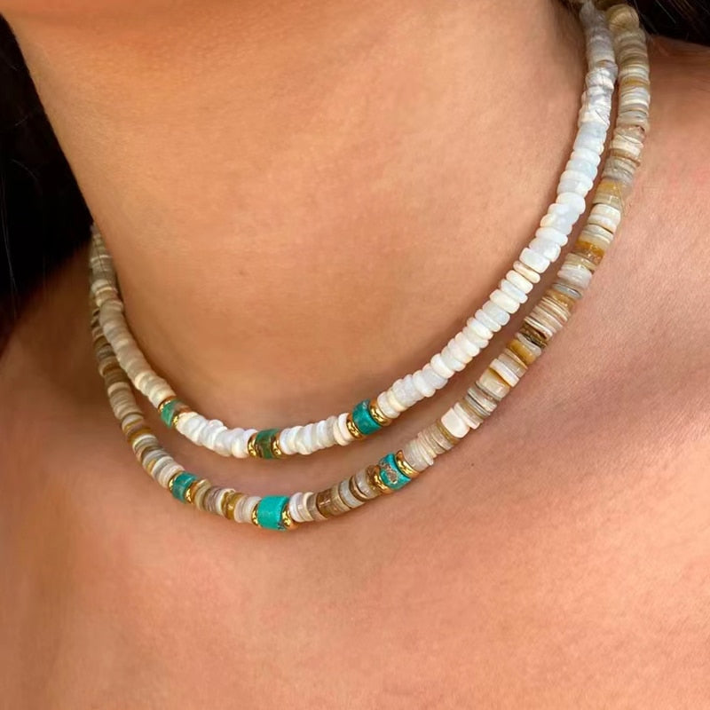 Retro Classic Natural Shell Blue Turquoise Mix and Match Necklace 2022 Summer Trendy Simple Beach Travel Vacation Neck Accessory - Charlie Dolly