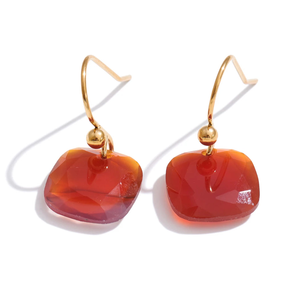 Natural Stone Square Drop Earrings, Tiger Eye Agate 14K Gold-Plated Stainless Steel Jewelry