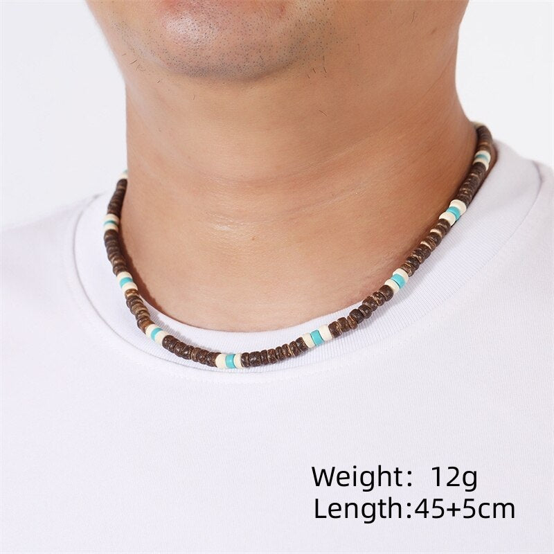 Vintage Rustic Men Blue Beaded Necklace Natural Coconut Shell Necklace for Men Tribal Jewelry Best Friend Gift - Charlie Dolly