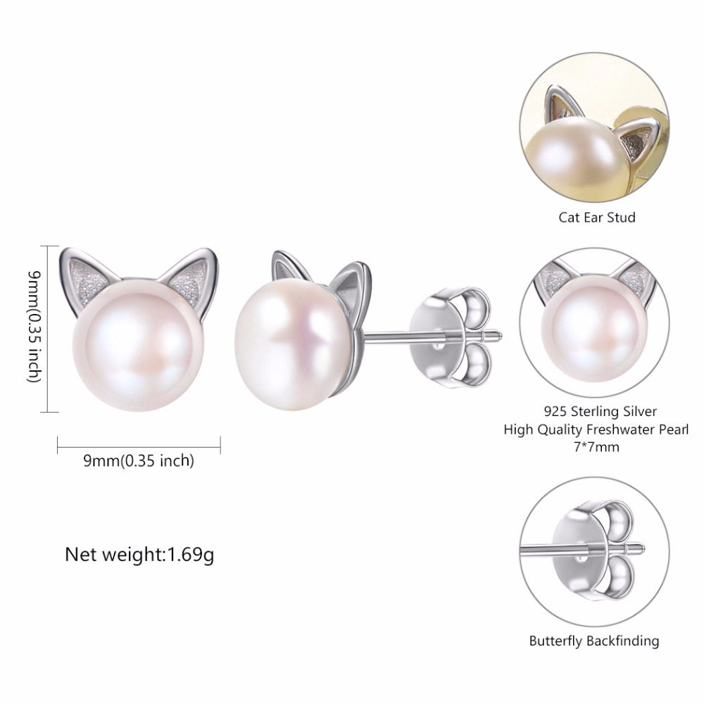 U7 925 Sterling Silver Cute Earrings Cat Stud Earings Women Wedding Jewelry Natural Freshwater Pearl Earrings Mother's Gift SC02 - Charlie Dolly