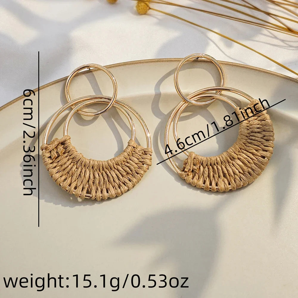 1 or 4 PAIRS Bohemia Summer Beach  Raffia Boho Hoop Earrings for Women Straw Wicker Rattan Dangle Round Drop Earrings