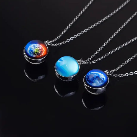 Double-Sided Galaxy Planet Glass Ball Pendant Necklace, Sun Moon Mars Cosmic Talisman