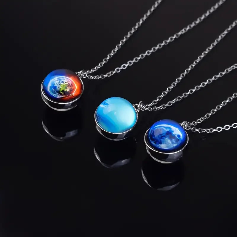 Double Sided Galaxy Planet Glass Ball Pendant Necklace Sun Earth Moon Mars Necklaces Jewelry