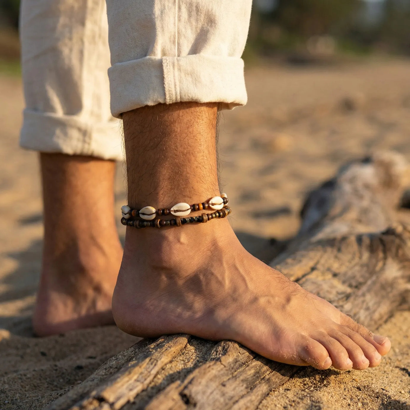 Cowrie Shell and Coconut Wood Bead Boho Anklet