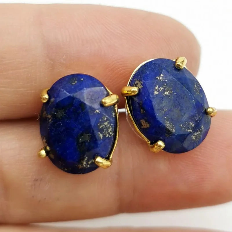 Oval Shape Stud Earrings golden Color Natural Stone Faceted Pink Quartz Crystal Agate lapis lazuli Healing Jewelry Female
