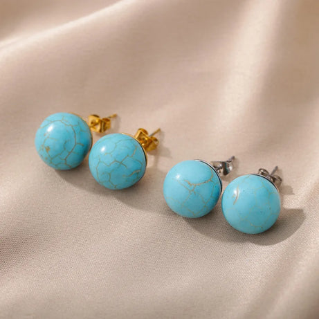 1 Pair Natural Stone Stud Earrings For Women Men Round Turquoises Tiger Eye Lapis Lazuli Beads Earring Fashion Jewelry Gift - Charlie Dolly