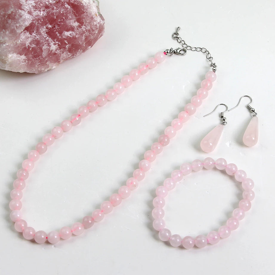 3PCS Natural Stone Rose Quartz Round Beaded Necklace Bracelet Earrings Jewelry Set Boho Women's Sweet Handmade Accessories - Charlie Dolly