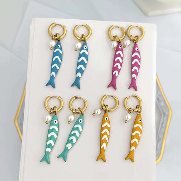 Dangle Hoop Earrings Women Stripe Fish Pearl Stainless Steel Waterproof Gold Color Boho Drop Fashion Summer Beach Ocean Pendant