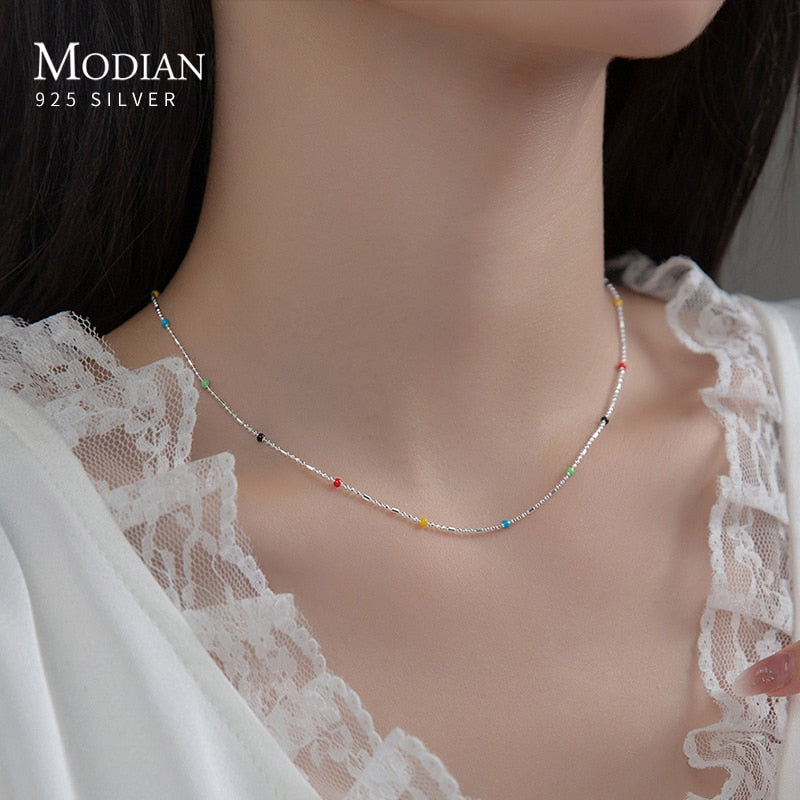 Modian 925 Sterling Silver Rainbow Color Crystal Fashion Necklace For Women Shiny Simple Long Chain Choker Fine Jewelry Gift