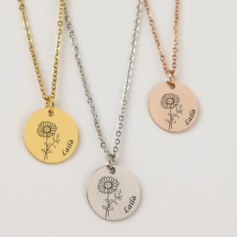 Personalized Sunflower Necklace Girlfriend Jewelry Gift Dainty Disc Engraved Birth Flower Pendant Necklaces - Charlie Dolly